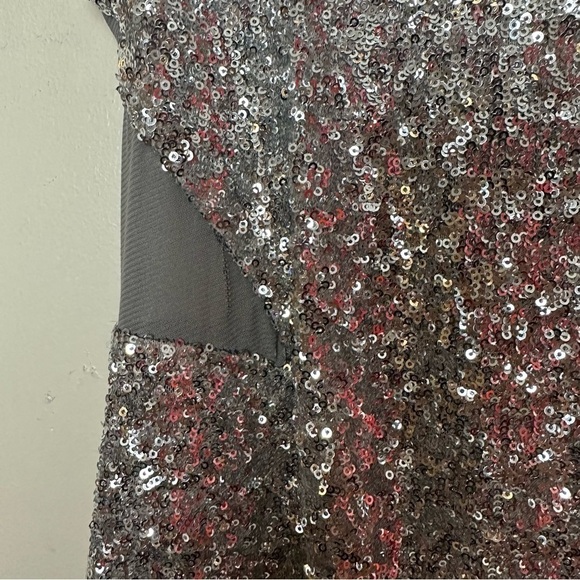 Bebe Silver Sequin Bodycon Sleeveless Mini Dress with Mesh Cutouts - Picture 7 of 14